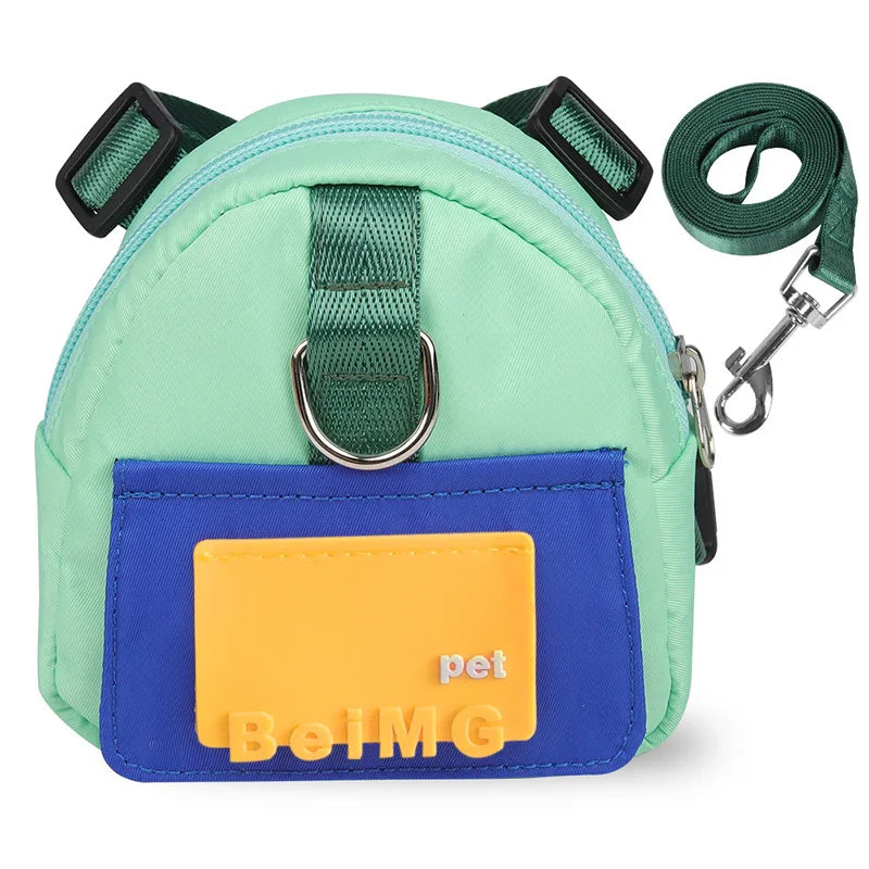 Green dog harness backpack with front pouch