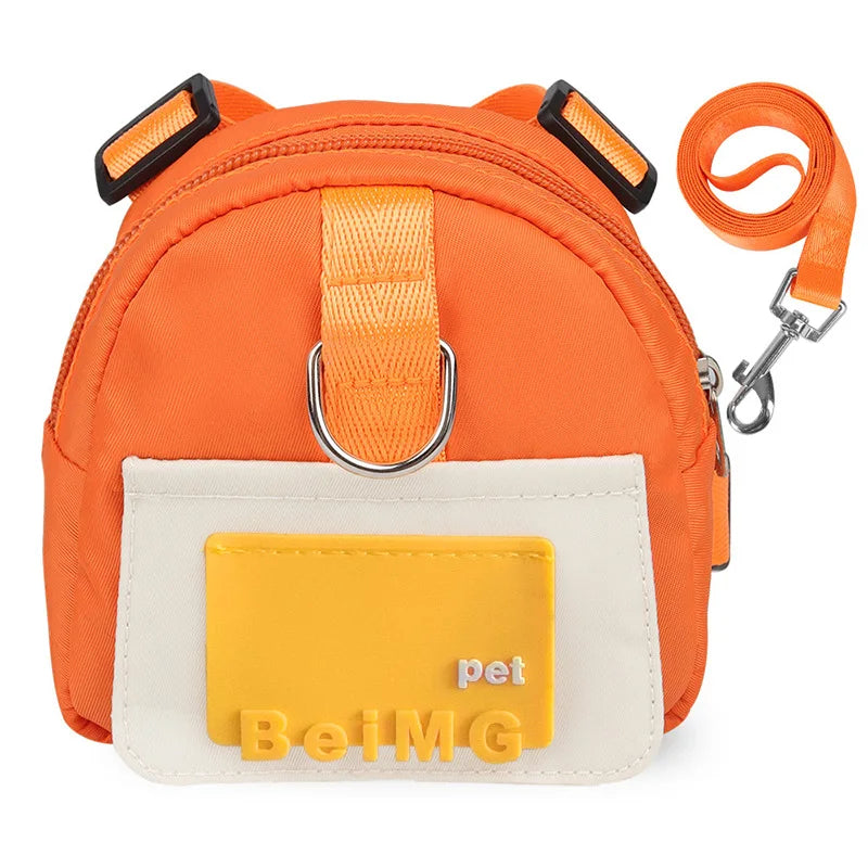 Orange dog harness backpack with front pouch
