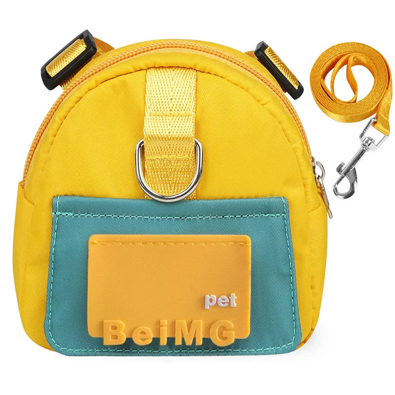 Yellow dog harness backpack with front pouch