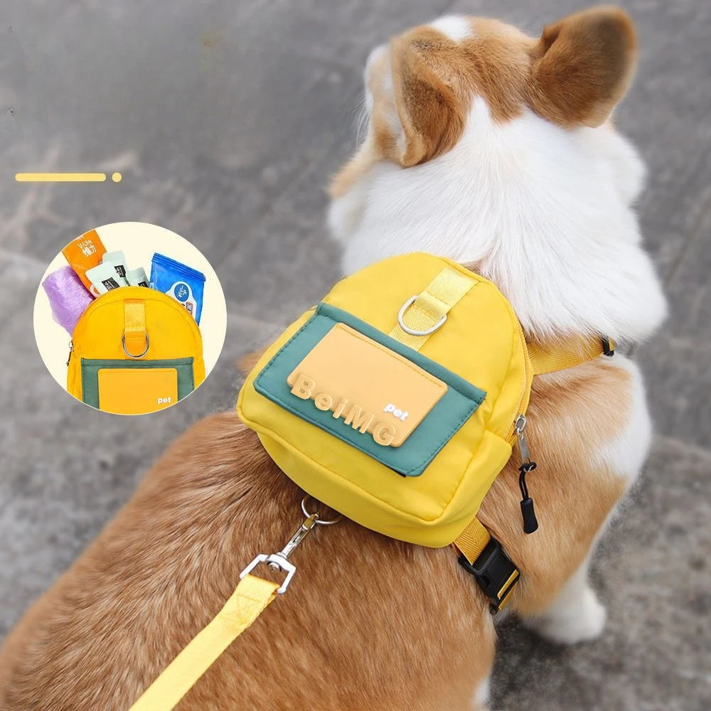 Small dog wearing yellow harness backpack outdoors