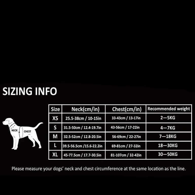 Dog harness size chart with neck and chest measurements