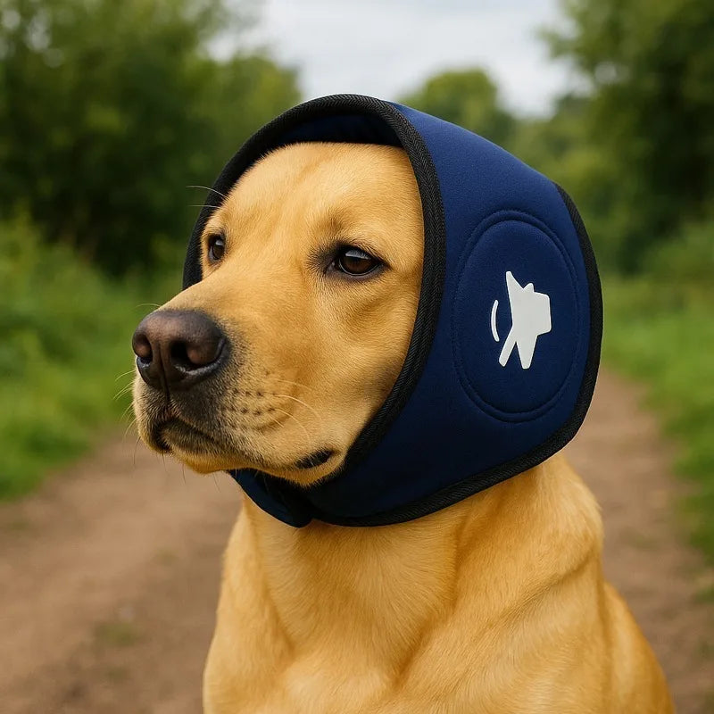 Dog wearing blue hearing protection hood outdoors