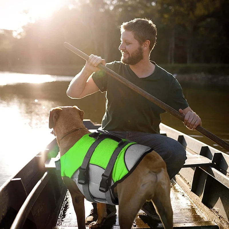 Dog wearing green life jacket in canoe on lake