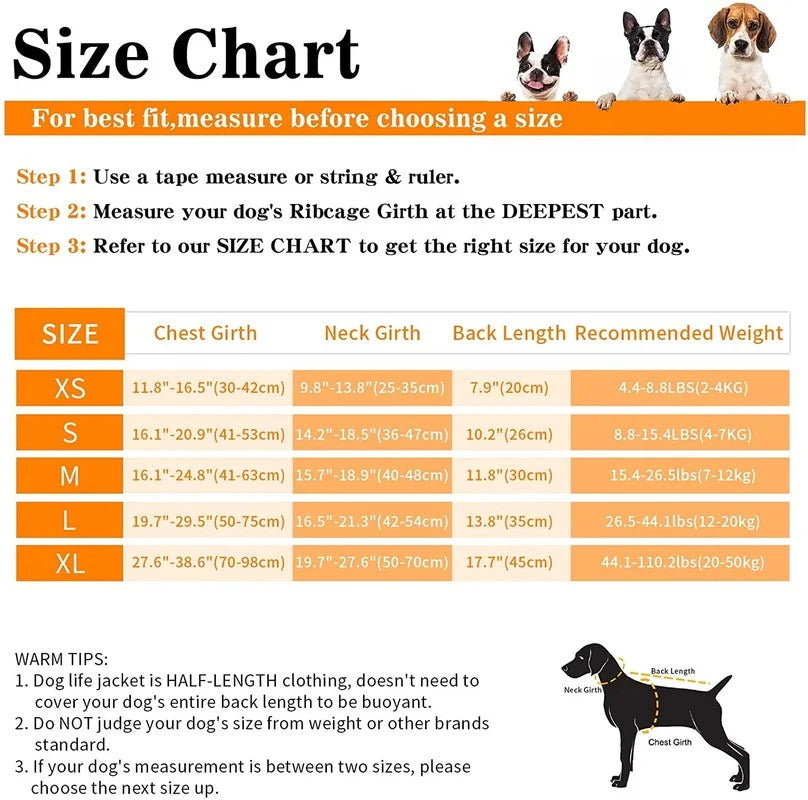 Dog life jacket sizing chart with chest and neck measurements