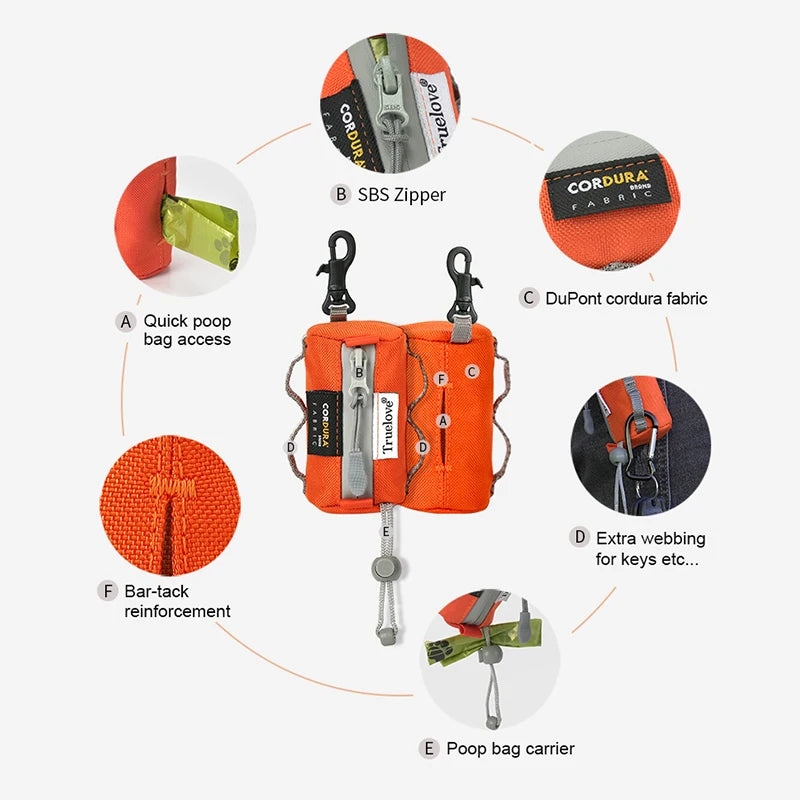 Dog poop bag holder features and storage layout