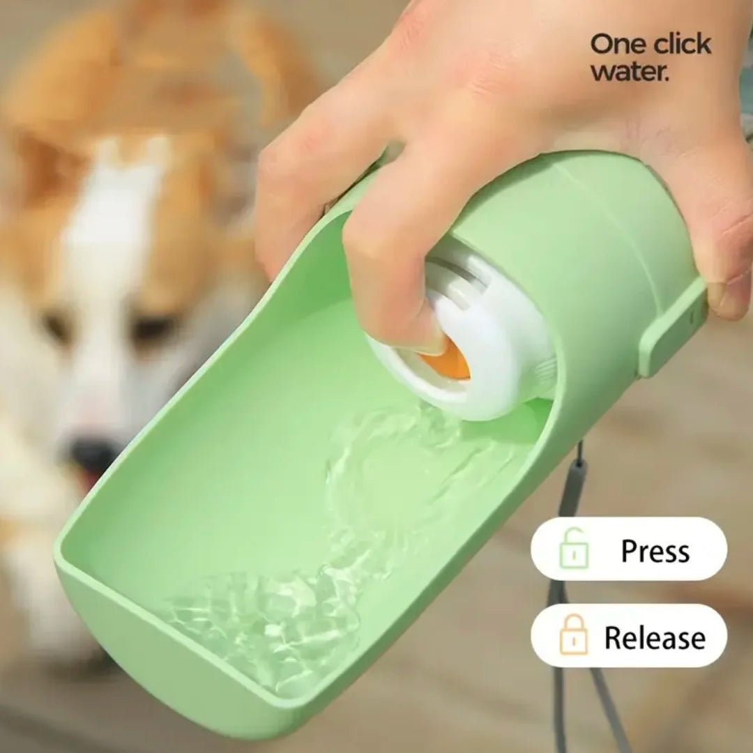 Green dog water bottle with one touch release