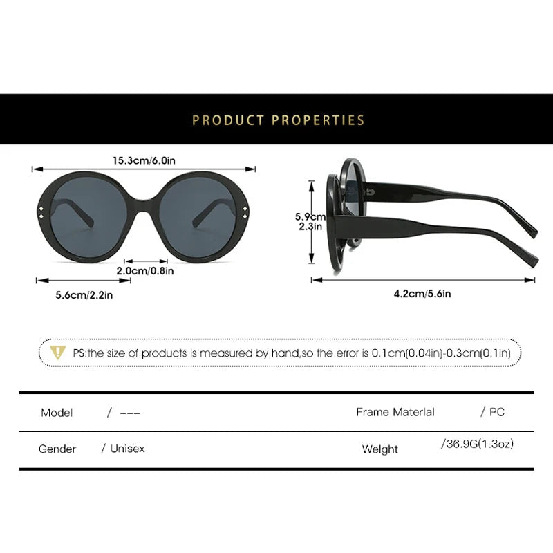 Size chart showing DOHOHDO round sunglasses frame width, lens height, and fit dimensions for unisex wear