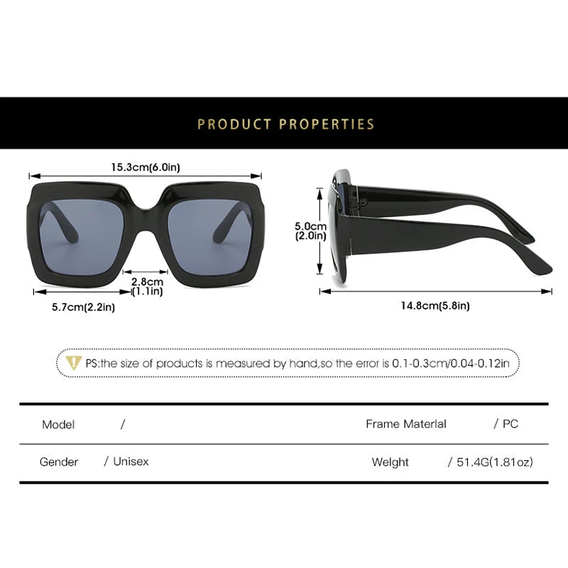 Size chart of DOHOHDO oversized square sunglasses showing frame width, lens height, and temple length for accurate fit