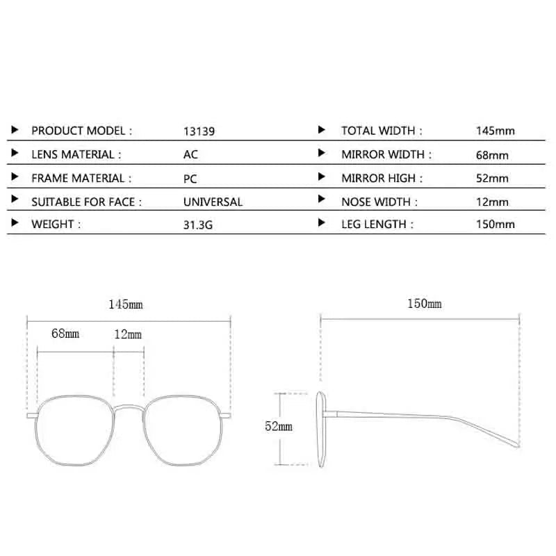 DOHOHDO pilot sunglasses size chart showing lens height, width, and frame dimensions