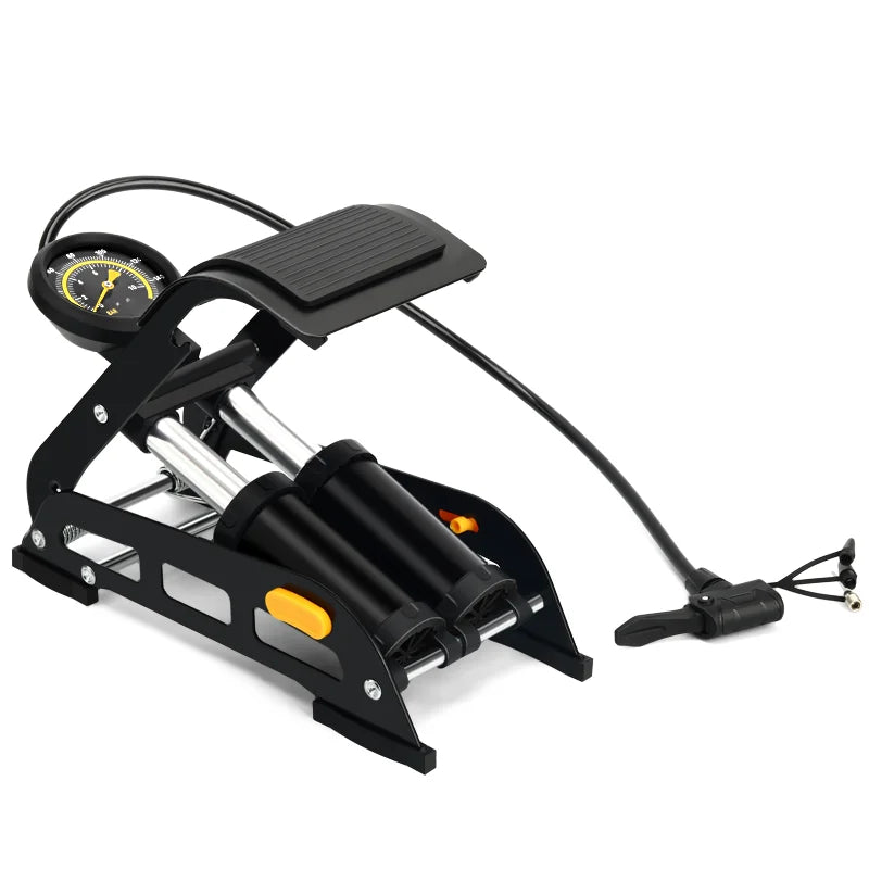 Angled view of double barrel foot-operated bike pump