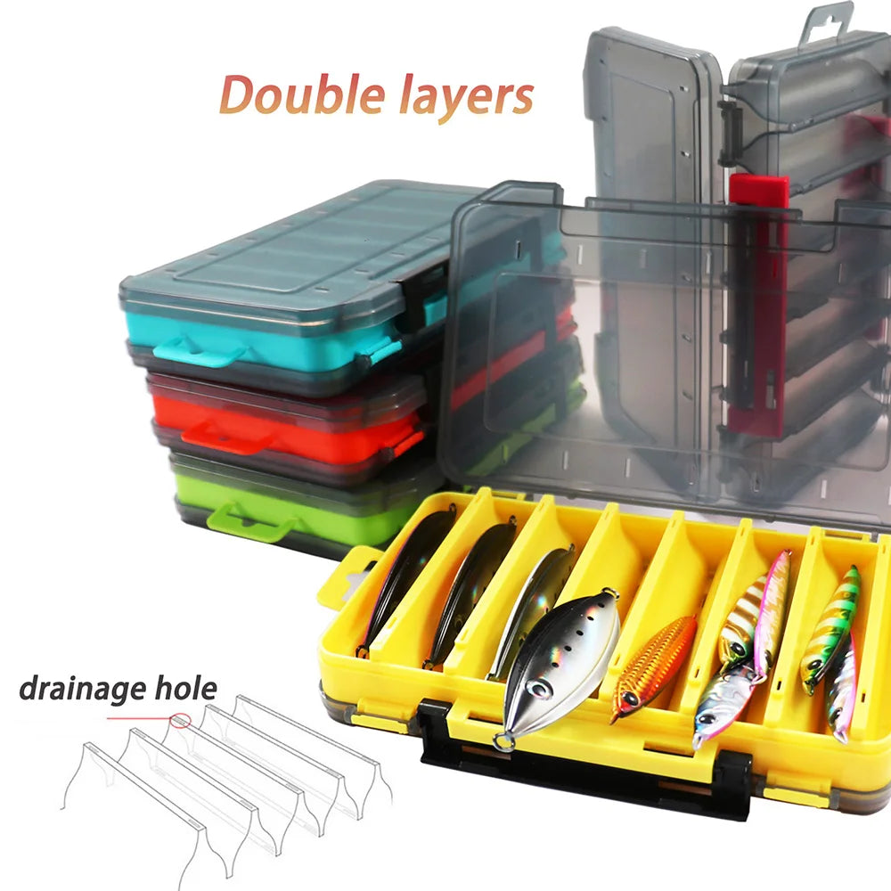 Double-layer fishing tackle box with drainage hole and clear lid design for easy organisation and drying