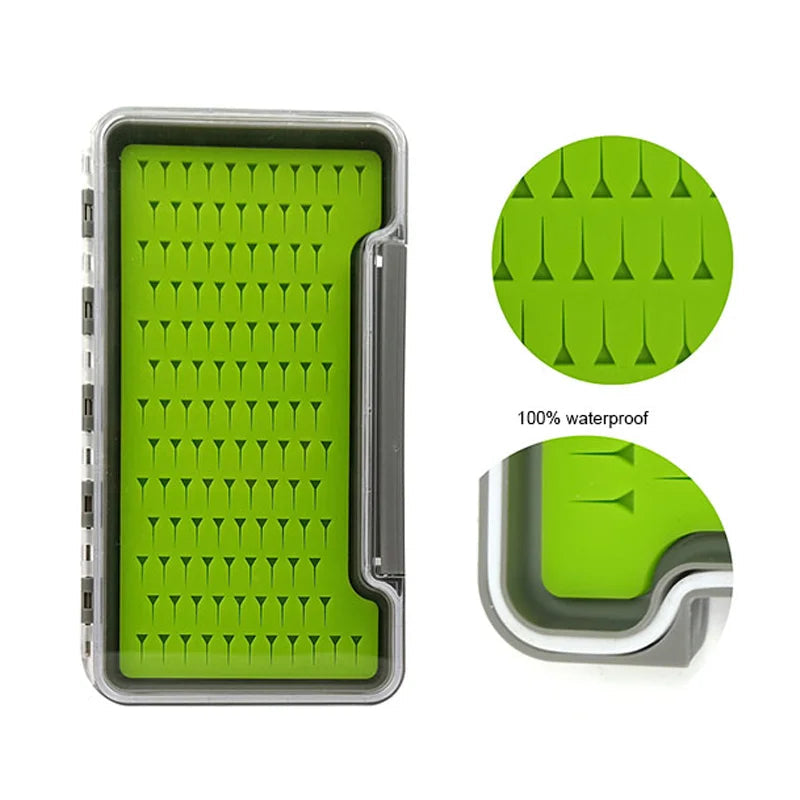 Double-sided fly fishing box with green silicone fly storage panels
