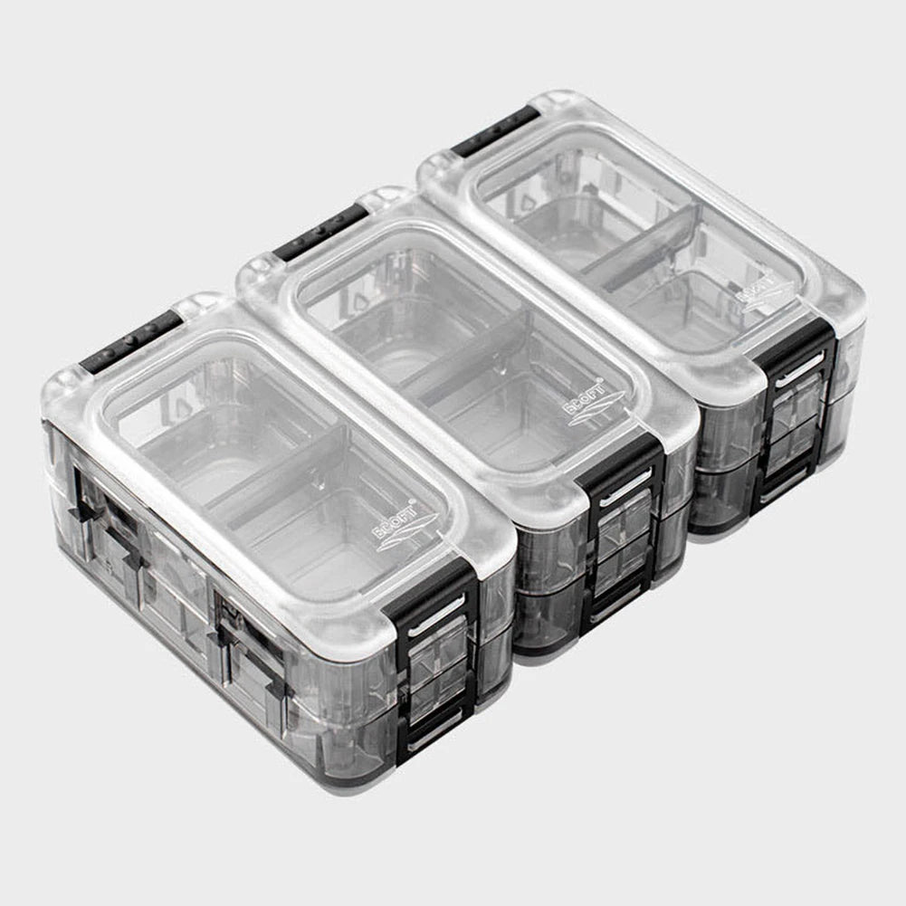 Double sided fishing tackle organiser with clear lids and adjustable compartments