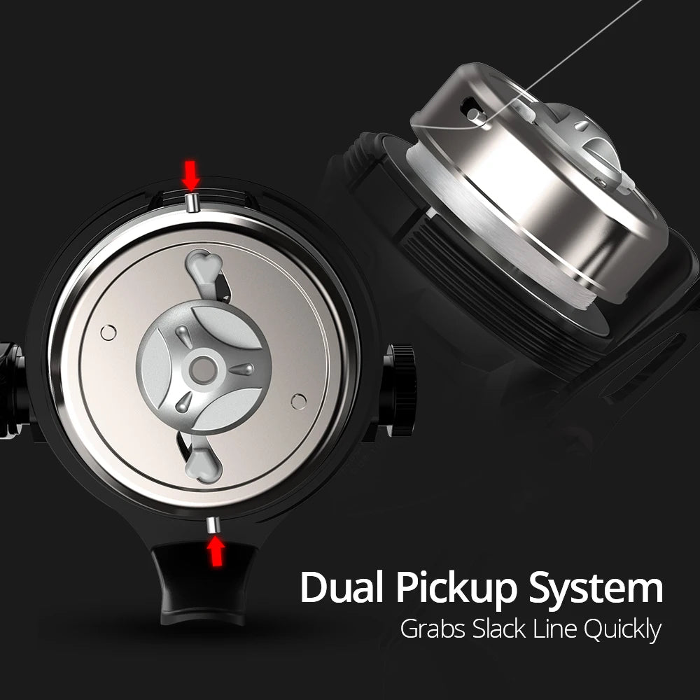 Diagram highlighting dual pickup system and stainless steel internal gearing for smooth, reliable casting performance