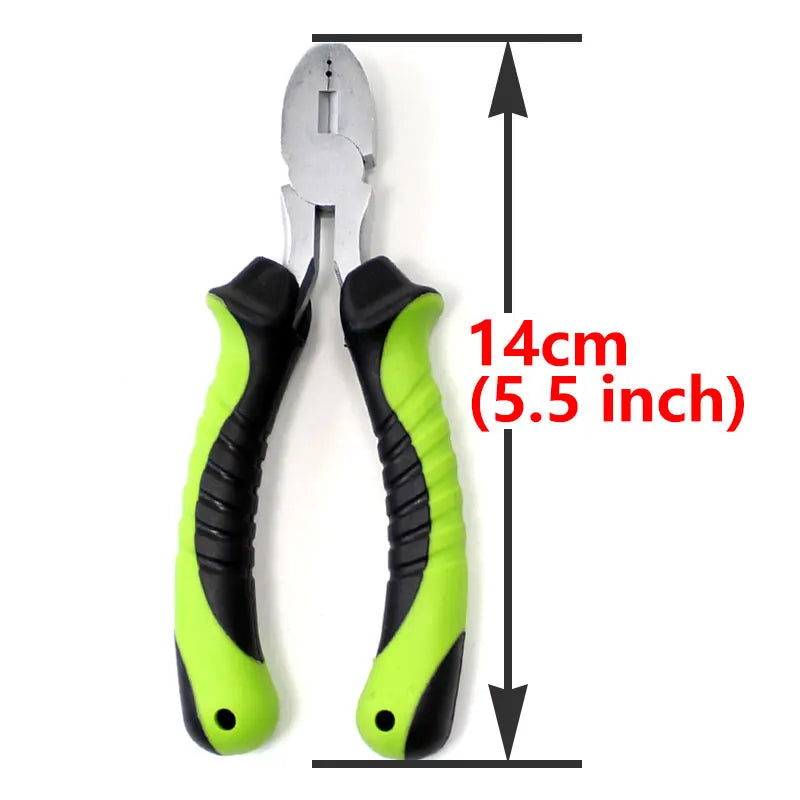 Dual-size crimping pliers measuring 14 cm with ergonomic green and black non-slip handle for precision rig building