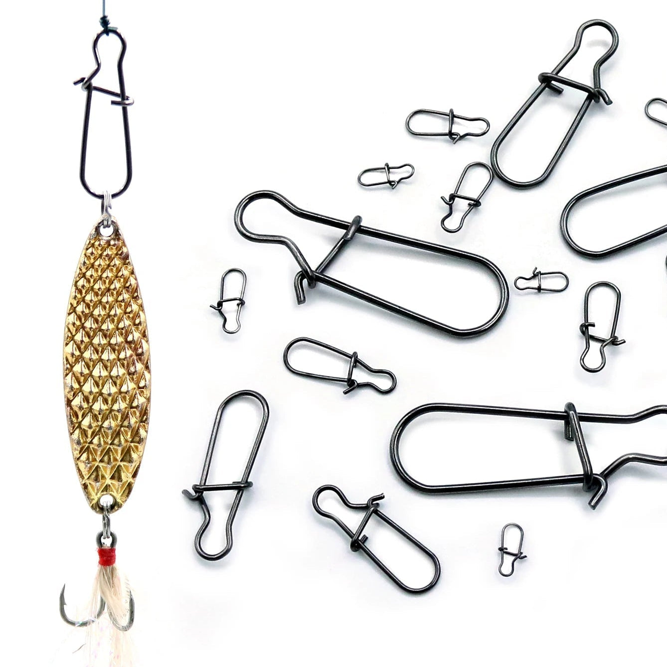 Black nickel duo lock fishing snap connectors with lure rig example