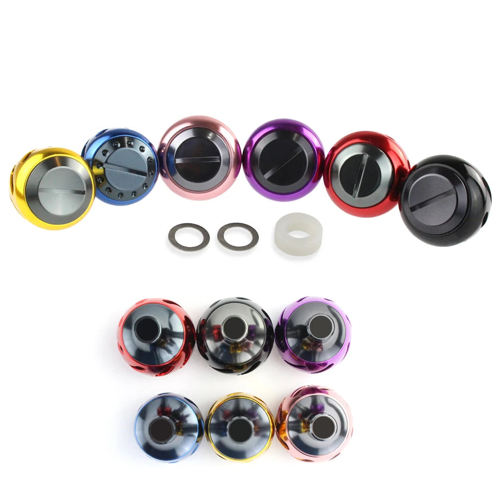 EKFAN aluminium reel handle knob range showing multiple colour options with anodised finish for spinning reels