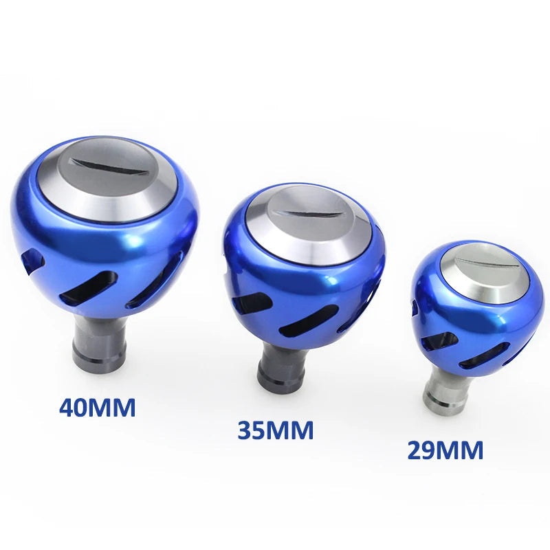 EKFAN aluminium handle knob size chart showing 29 mm, 35 mm, and 40 mm diameter options for spinning reel compatibility
