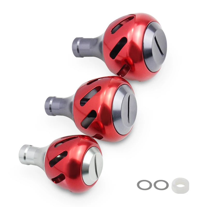 EKFAN red aluminium handle knob showing CNC-cut design and smooth rotation for better control during retrieve