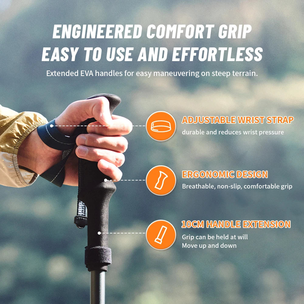 Ergonomic handle grip on folding trekking poles