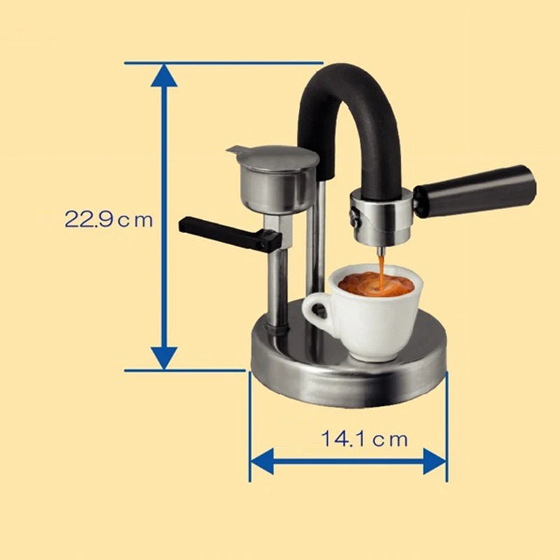 Stainless steel espresso pot with labelled dimensions showing 22.8 cm height and 14.1 cm base for brewing guide
