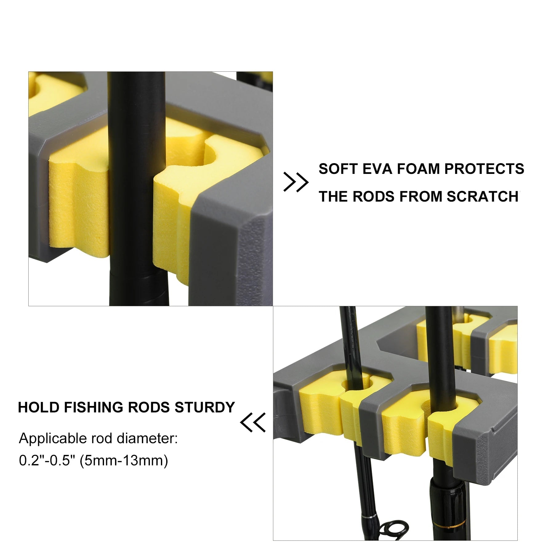 Close-up of soft EVA foam inserts protecting rods from scratches inside BOOMS FISHING wall rack