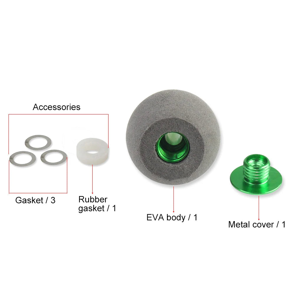 EVA reel handle knob parts kit showing handle body, bearings, gaskets, and rubber washer included in package