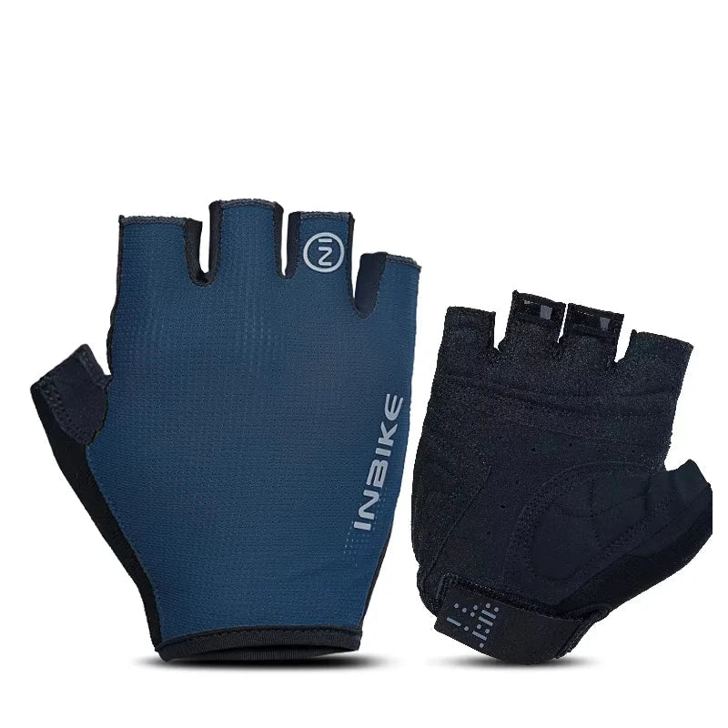 Blue fingerless cycling gloves back view pair