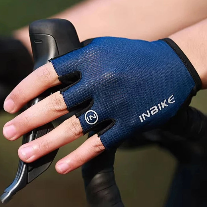 Blue fingerless cycling gloves with padded palm grip