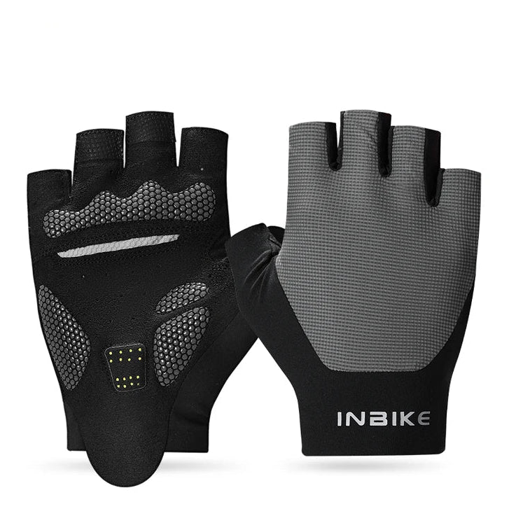 Grey fingerless cycling gloves front and back view