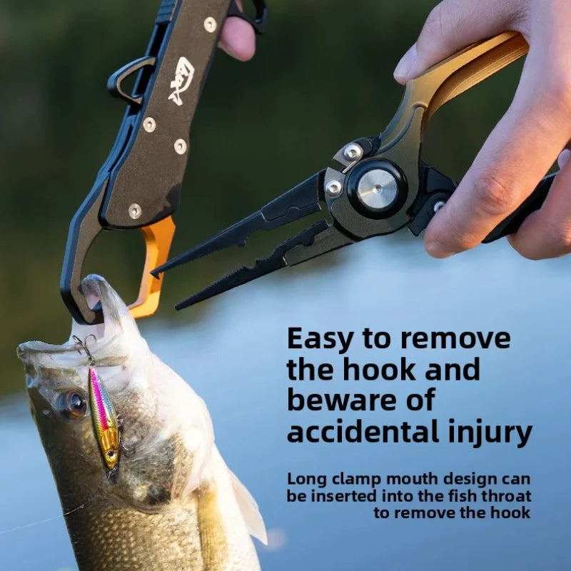 angler using fish lip gripper to land fish safely