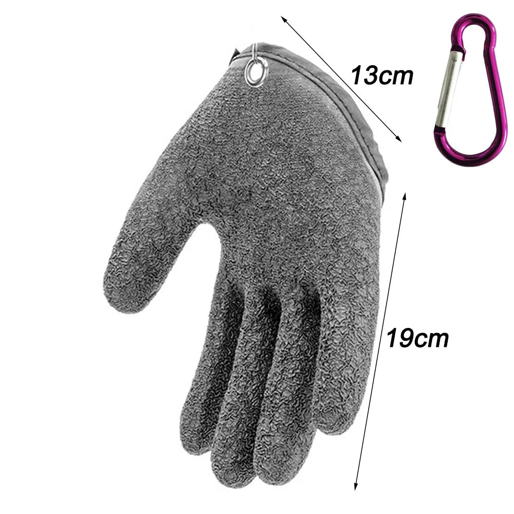 Fish handling glove with dimensions and purple carabiner