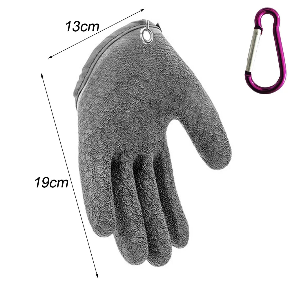 Grey fish handling glove with size measurement graphic