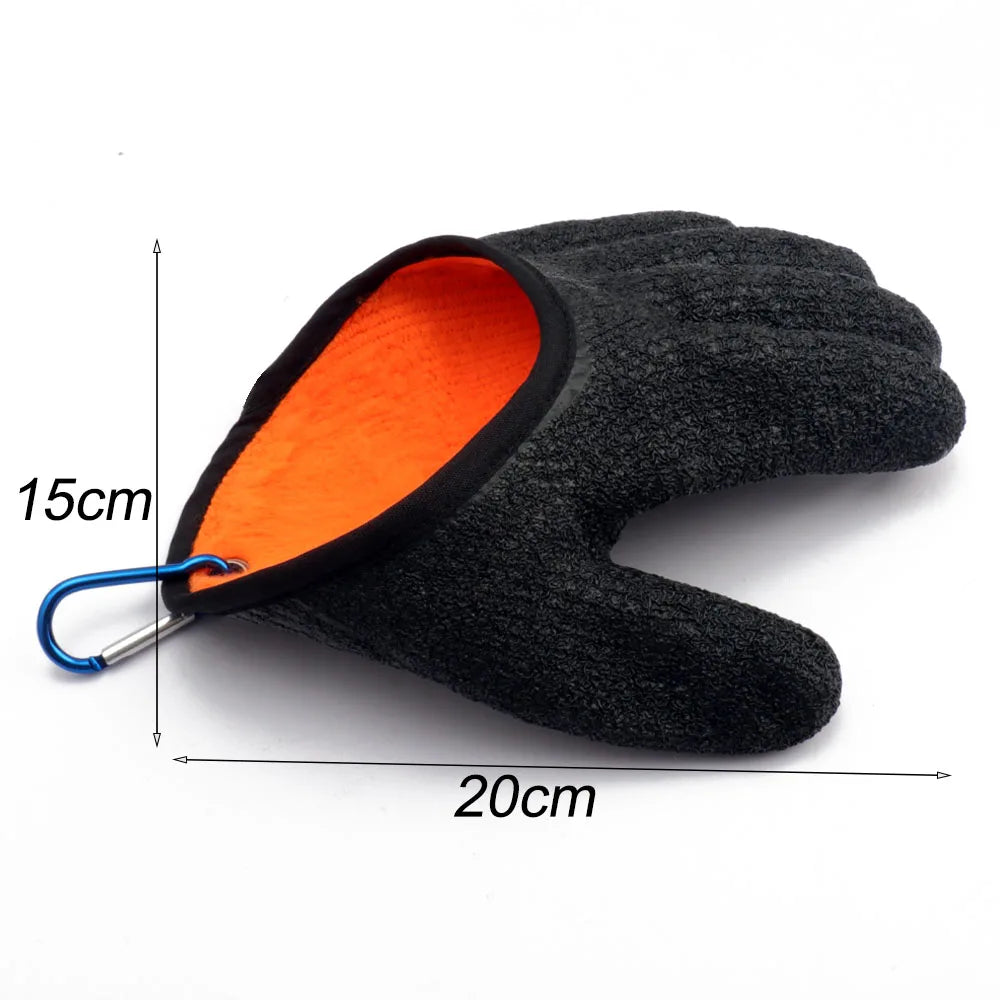 Fish handling glove showing length measurement graphic