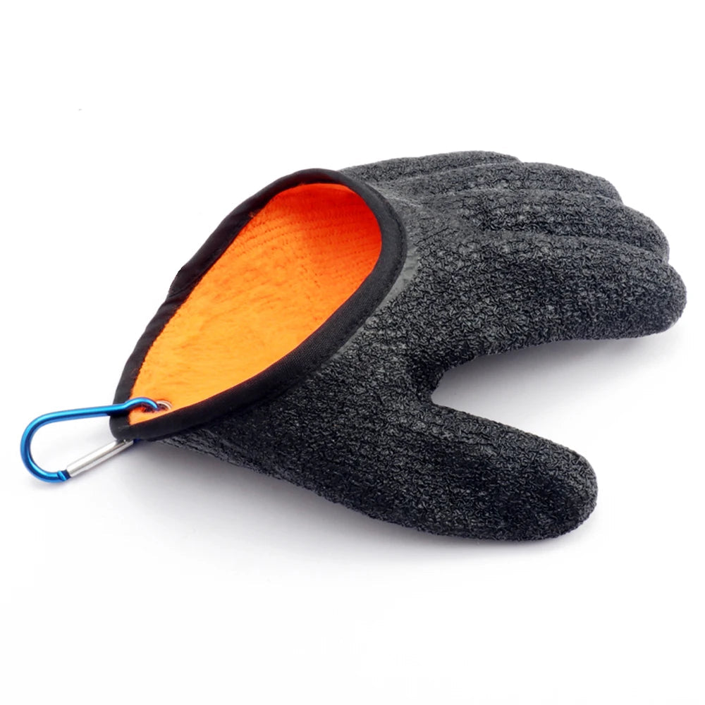 Fish handling glove with orange inner lining