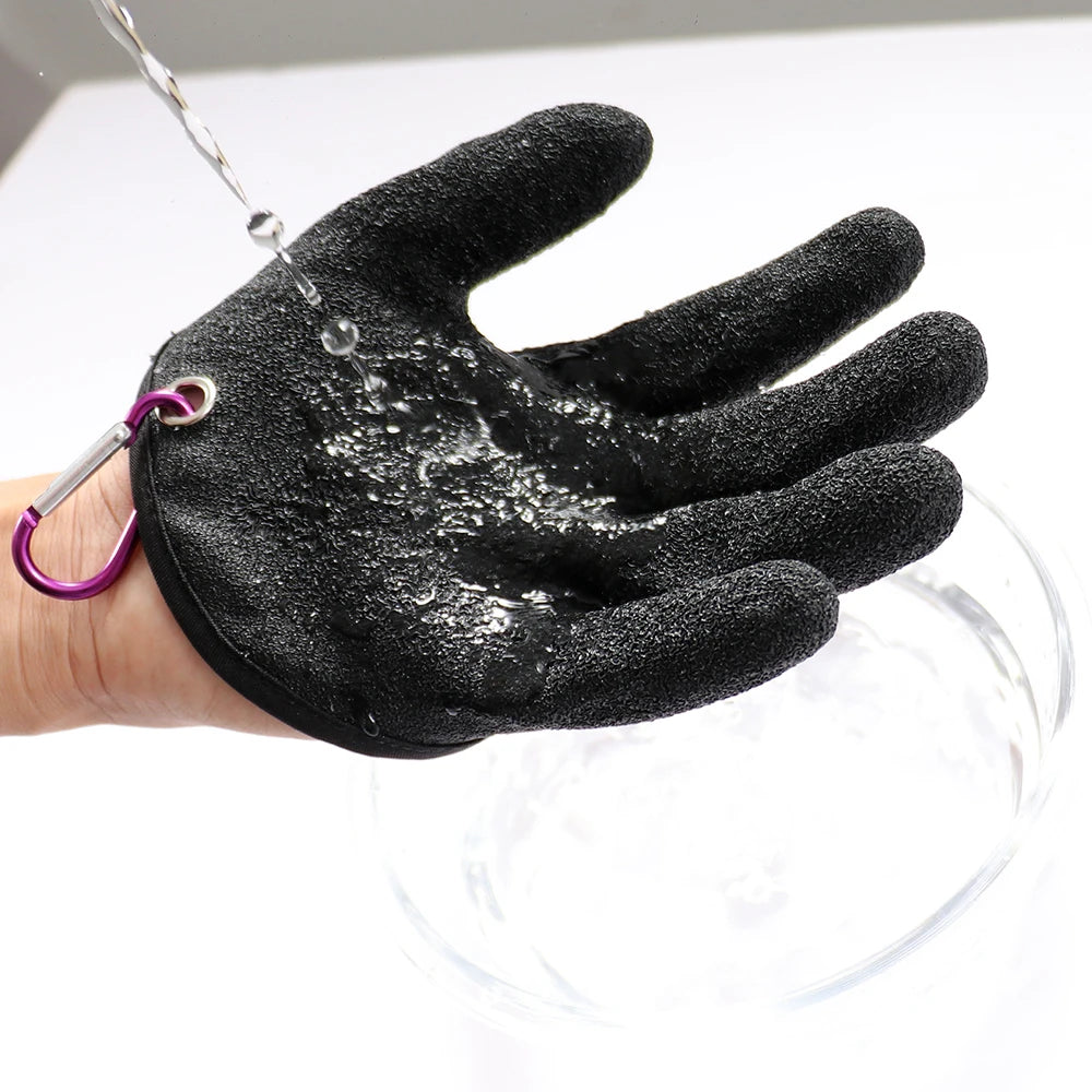 Fish handling glove wet grip surface over water