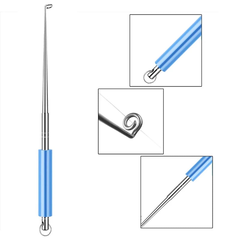 Close up of stainless steel fish hook disgorger tool for fishing