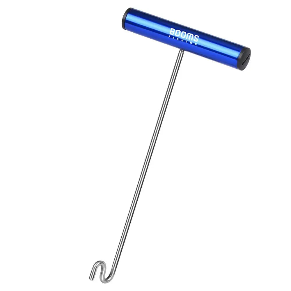 Fish hook remover tool with blue handle and stainless shaft