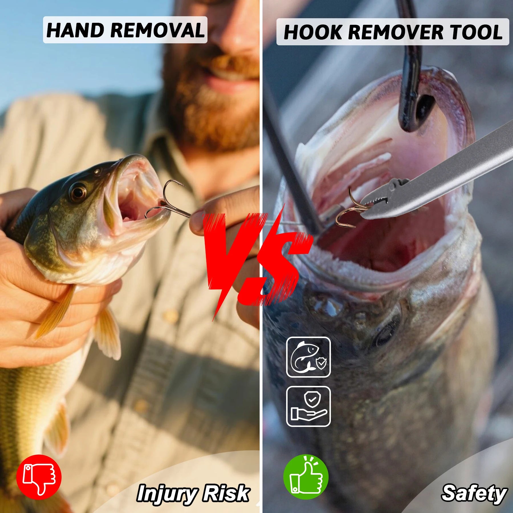 Fish hook remover pliers compared with standard dehooking tool
