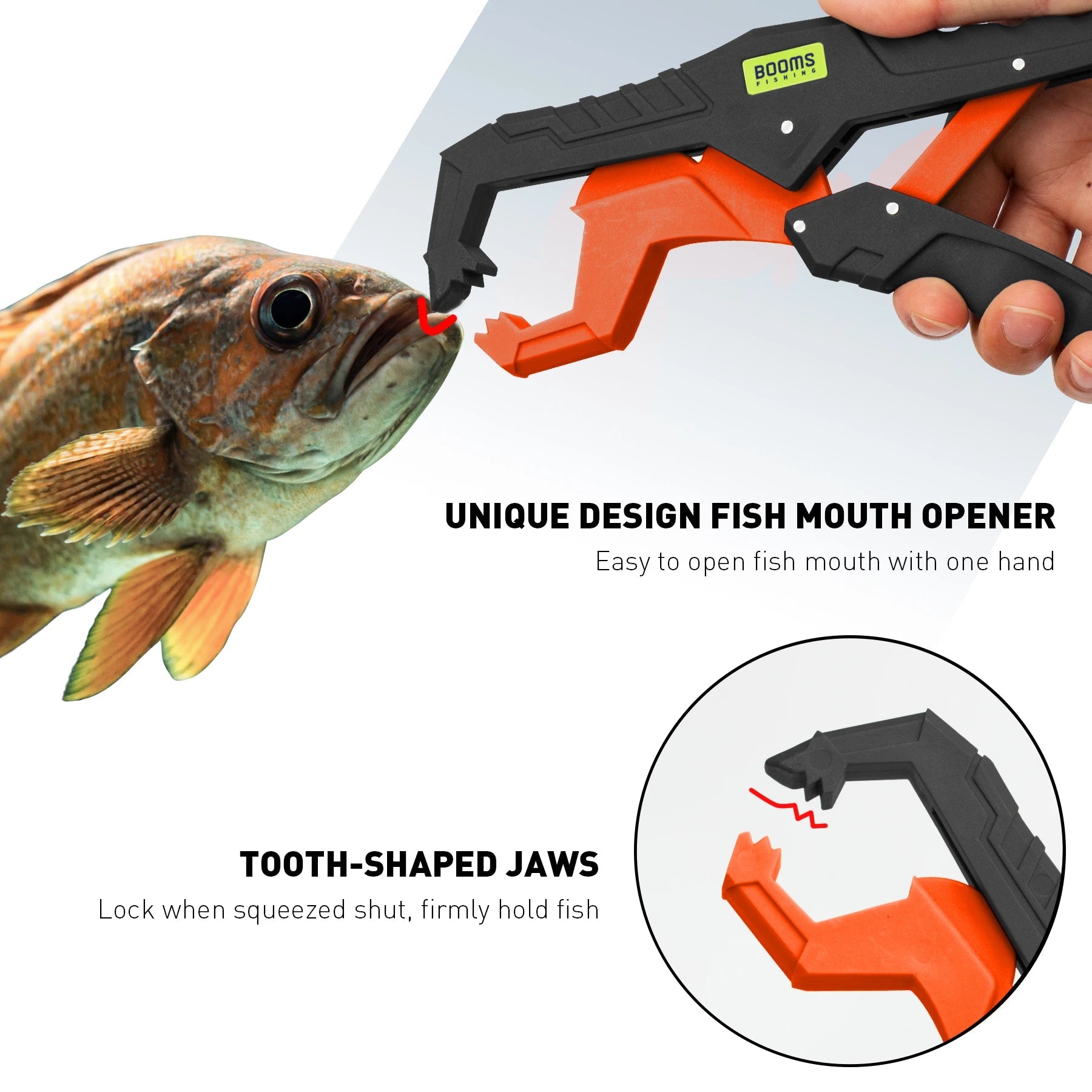 Fish lip gripper holding fish securely during catch and release