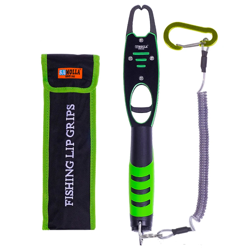 Aluminium fish lip gripper with 18kg scale, lanyard and protective sheath