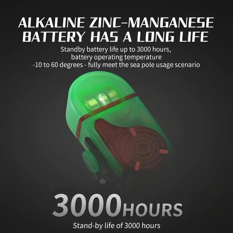 Fishing bite alarm battery life graphic showing 3000 hours operation