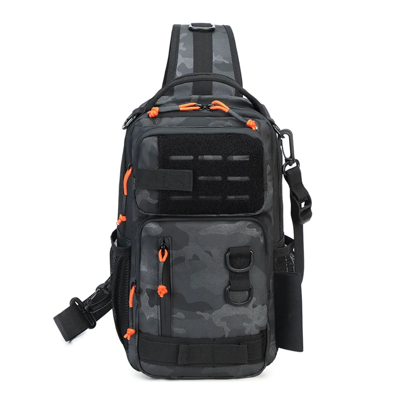 Black camo fishing chest sling bag front view