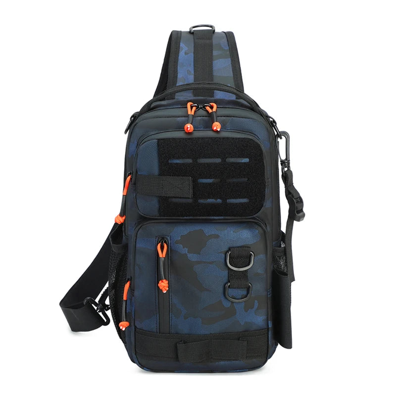 Blue camo fishing chest sling bag front view