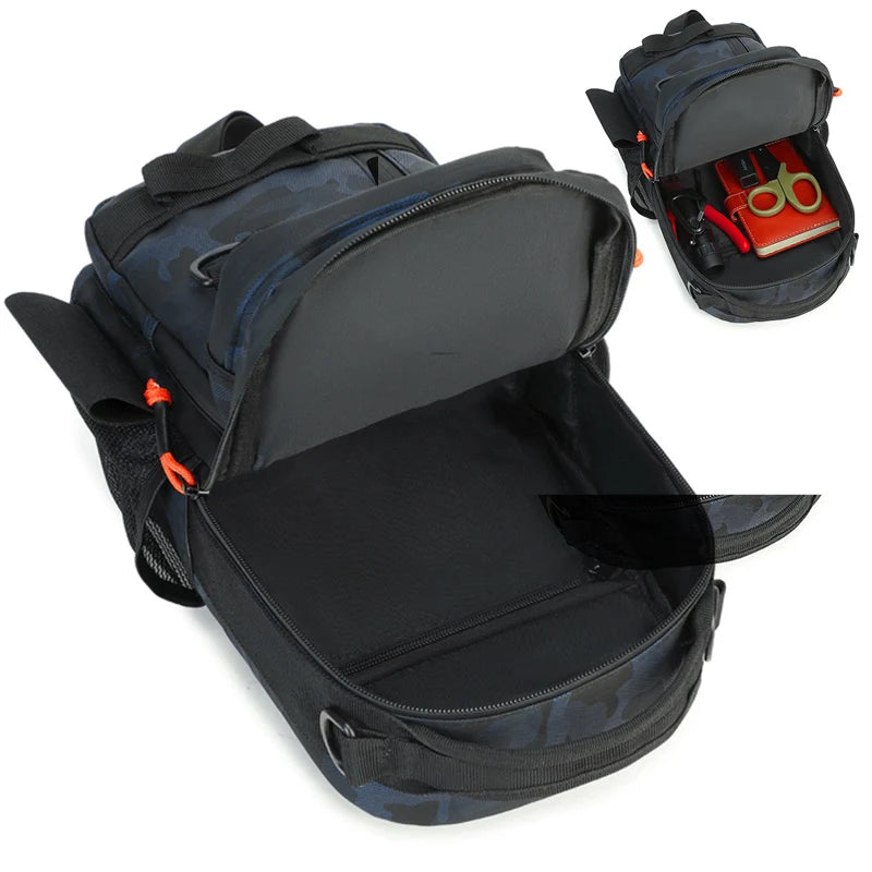 Camo fishing chest sling bag front view