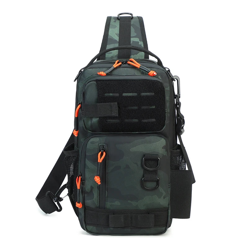 Camo green fishing chest sling bag front view