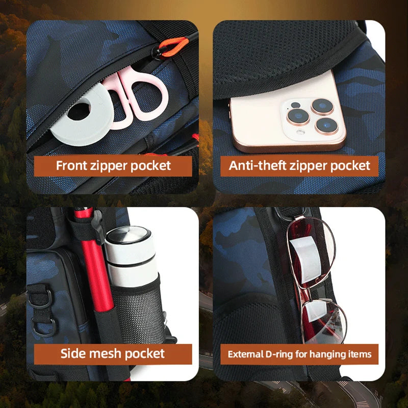 Fishing chest sling bag open main compartment