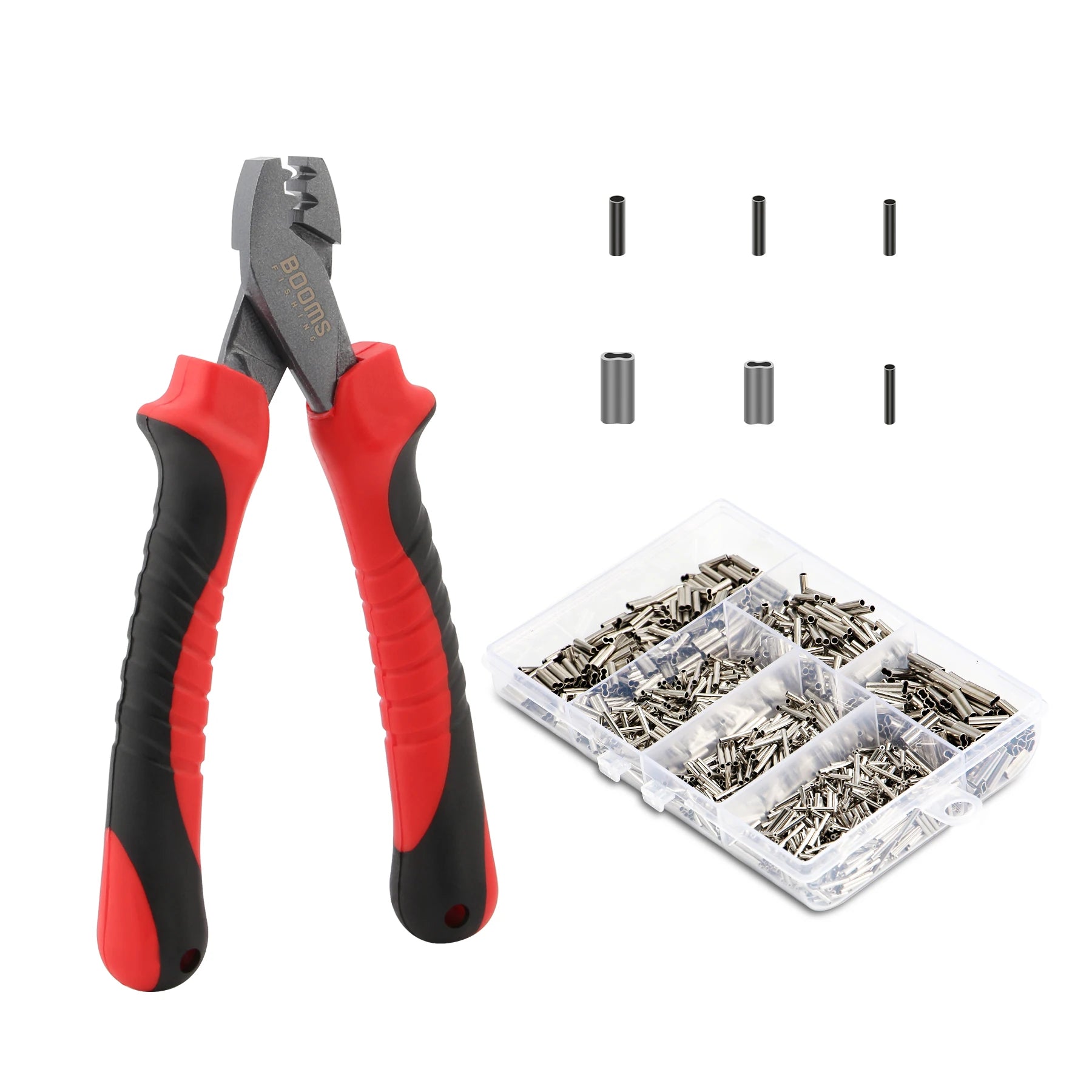 Fishing crimping pliers kit with leader crimp sleeves and organiser box