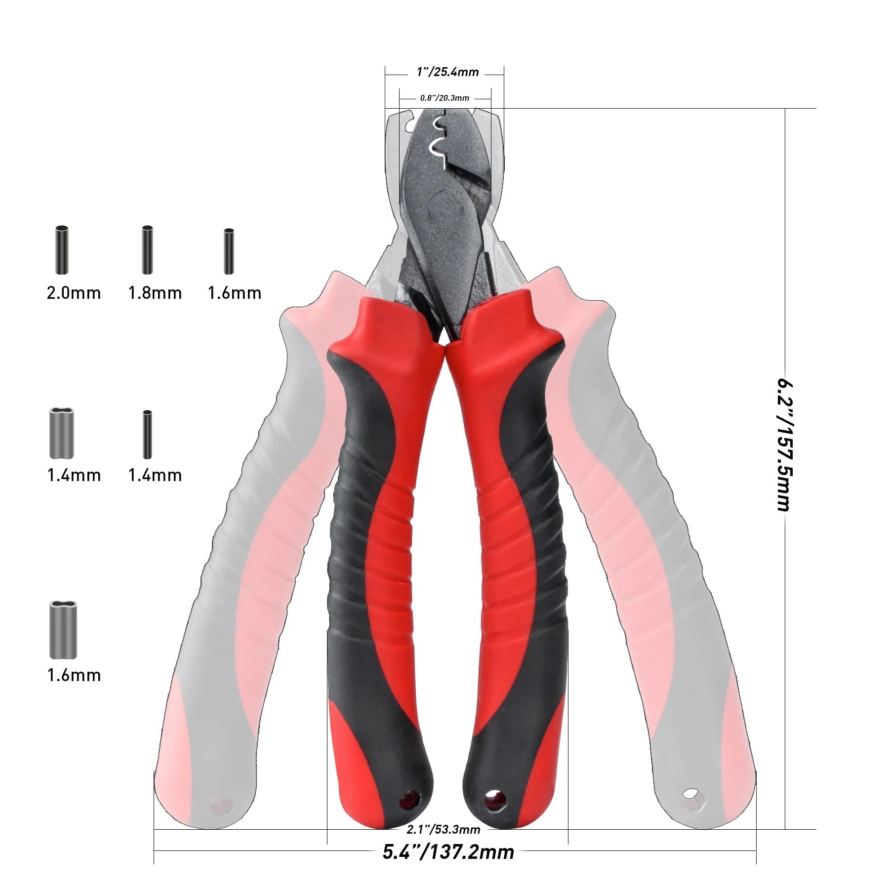 Fishing crimping pliers showing tool size and handle design