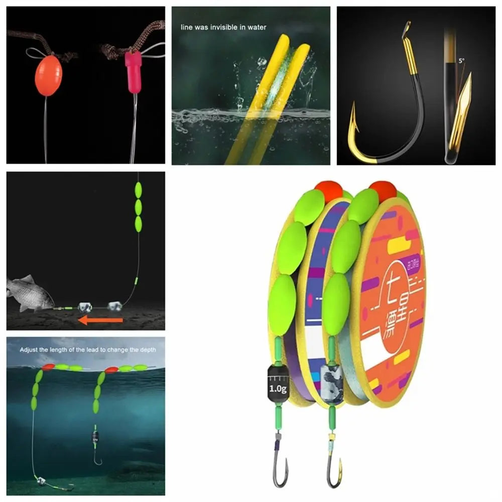 Underwater view of fishing hook and line rig with float stoppers for lake or river use